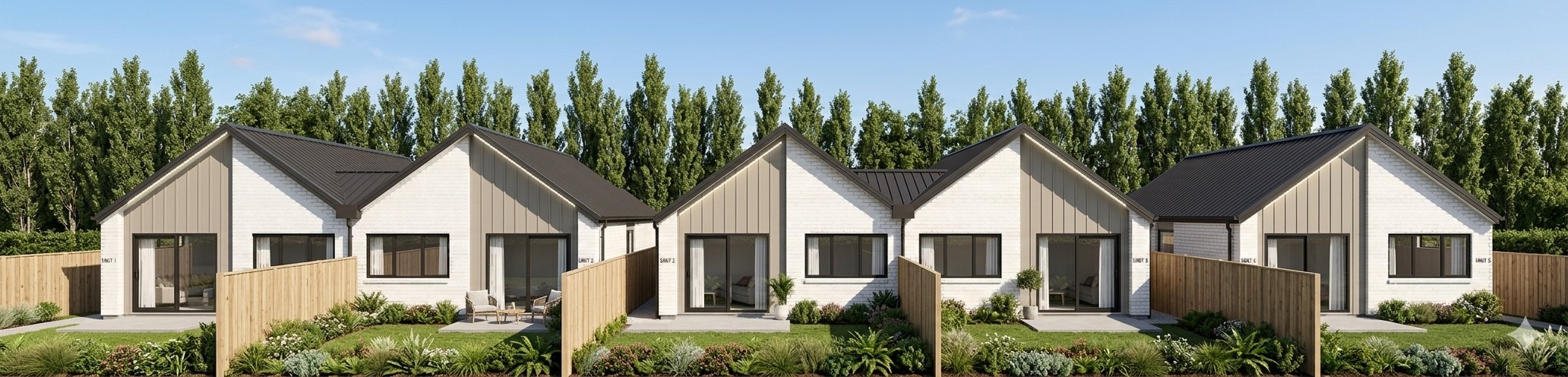 Hills Road - artist's impression of the rear of the five homes, white brick and vertical weatherboard with private courtyards