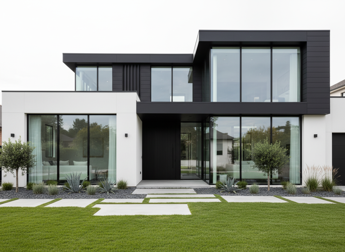 An elegant, newly renovated home exterior featuring crisp white render and contrasting charcoal cladding, highlighted by expansive glass windows and slimline black metal accents. The house is framed by a manicured front lawn with geometric stepping stones and low-maintenance landscaping. Bright, diffused daylight illuminates the façade, producing defined yet gentle shadows that underscore the architecture’s clean lines. The composition is captured from an eye-level perspective, with a balanced, centered layout and sharp focus throughout. The image evokes a feeling of modern luxury, professionalism, and tranquility. Photographic realism and a minimalist, corporate aesthetic support the property development theme.
